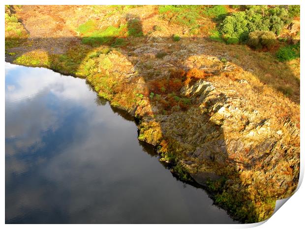 Roman bridge shadow on Tajo river Print by Michael Ffontas