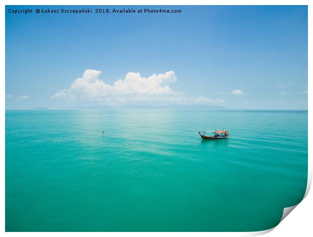 Aerial view of fishing boat on emerald sea Print by Łukasz Szczepański