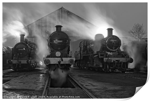 Steam shed at dusk. Print by David Birchall