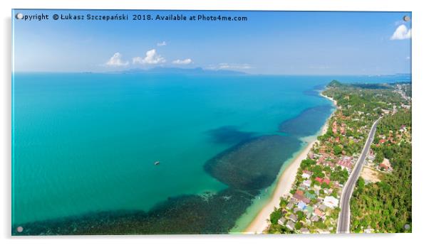 Aerial panoramic view of ocean, beach and blue clo Acrylic by Łukasz Szczepański