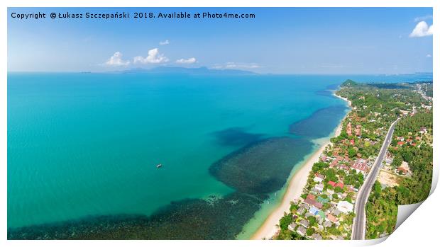 Aerial panoramic view of ocean, beach and blue clo Print by Łukasz Szczepański