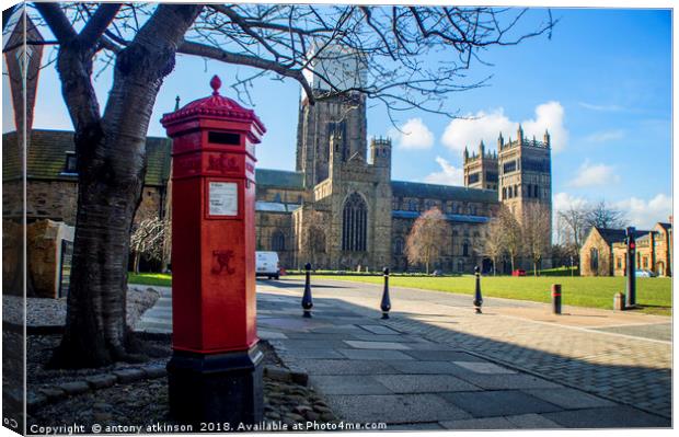 Durham Cathedral's Red Pillar Box  Canvas Print by Antony Atkinson