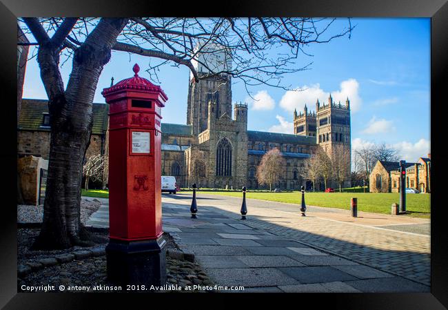 Durham Cathedral's Red Pillar Box  Framed Print by Antony Atkinson
