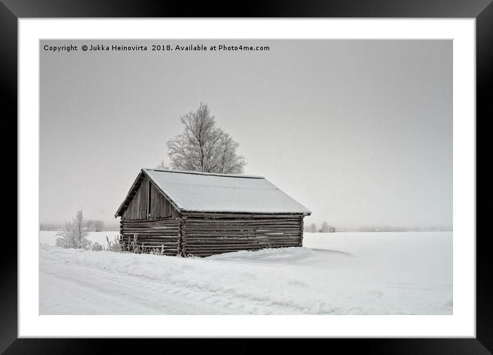 Snow Covered Barn House By The Road Framed Mounted Print by Jukka Heinovirta