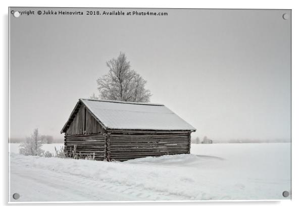 Snow Covered Barn House By The Road Acrylic by Jukka Heinovirta