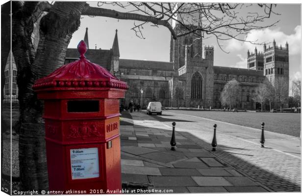 The Little Red Pillar Box in Durham Canvas Print by Antony Atkinson
