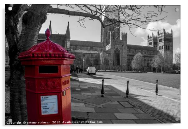 The Little Red Pillar Box in Durham Acrylic by Antony Atkinson