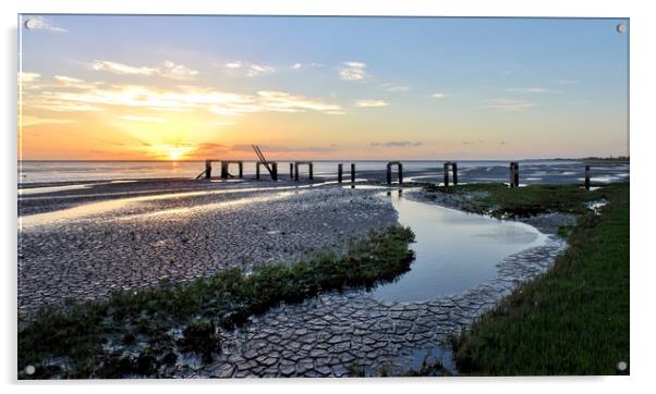Sunset over the old jetty at Snettisham  Acrylic by Gary Pearson