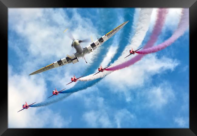 Spitfire leads the Red Arrows Display Framed Print by David Stanforth