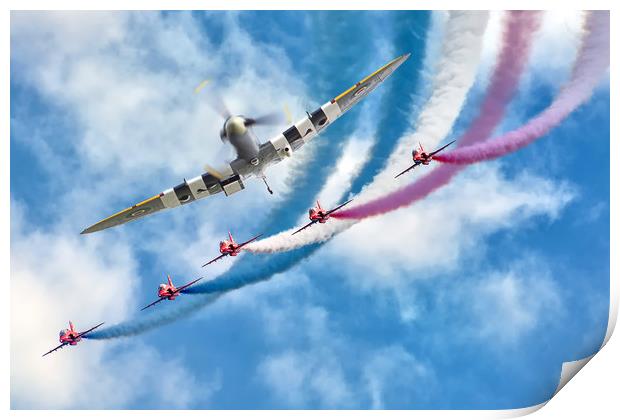 Spitfire leads the Red Arrows Display Print by David Stanforth