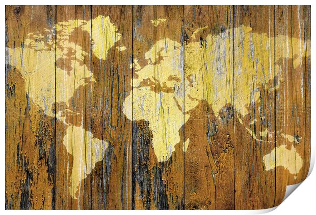 Map of the world on wooden surface Print by Guido Parmiggiani
