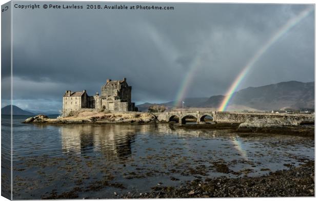 Rainbows Eilean Donan Castle Canvas Print by Pete Lawless