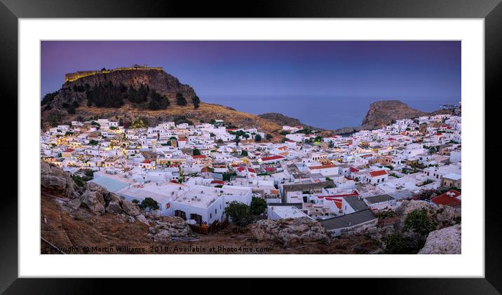 Sunset over Lindos town, Rhodes, Greece, Panoramic Framed Mounted Print by Martin Williams