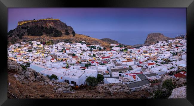 Sunset over Lindos town, Rhodes, Greece, Panoramic Framed Print by Martin Williams