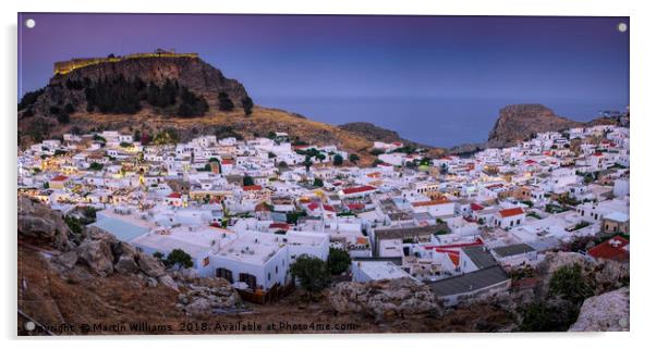 Sunset over Lindos town, Rhodes, Greece, Panoramic Acrylic by Martin Williams