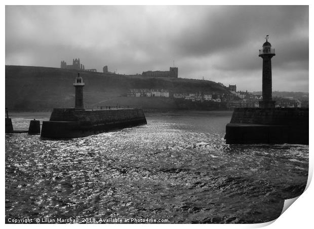 Entrance to Whitby Harbour.  Print by Lilian Marshall