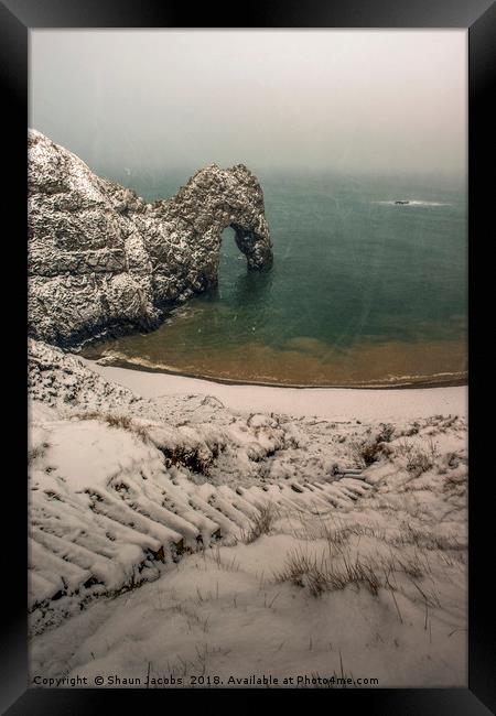 Durdle Door blizzard morning  Framed Print by Shaun Jacobs