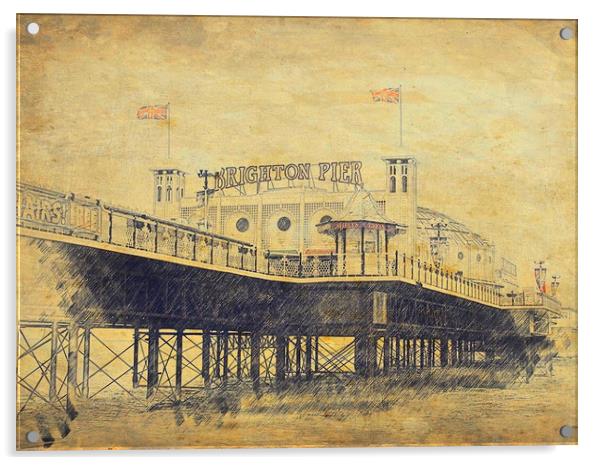 A Vintage Sketch of Brighton Pier Acrylic by Beryl Curran
