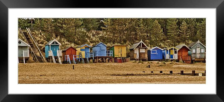 Colourful Wells Beach Huts Panoramic Framed Mounted Print by Paul Macro