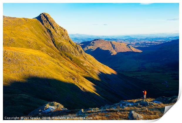 Walker looking towards Pike o’Stickle Print by Jon Sparks