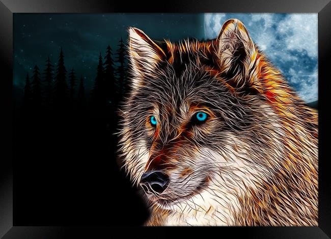 Fractal flame wolf head with moon behind, digital  Framed Print by Tanya Hall