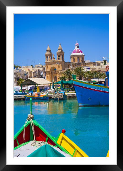 Marsalokk Harbour and  Parish Church.Malta Framed Mounted Print by Philip Enticknap