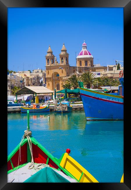 Marsalokk Harbour and  Parish Church.Malta Framed Print by Philip Enticknap