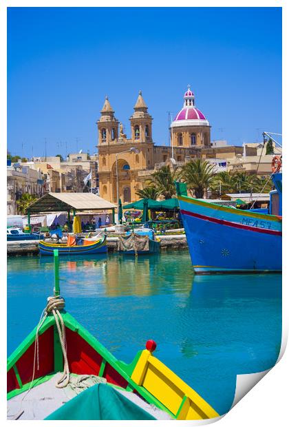 Marsalokk Harbour and  Parish Church.Malta Print by Philip Enticknap