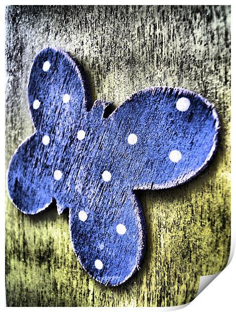 blue wooden butterfly Print by Heather Newton
