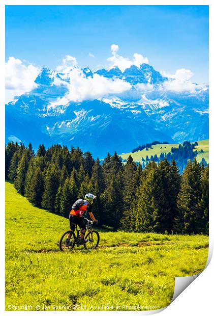 Mountain biker and Dents du Midi Print by Jon Sparks