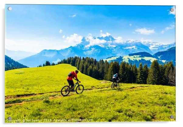 Mountain bikers and Dents du Midi Acrylic by Jon Sparks