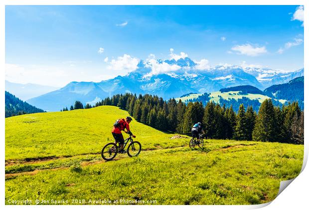 Mountain bikers and Dents du Midi Print by Jon Sparks