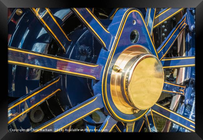 Blue and brass steam traction engine wheel Framed Print by Chris Warham