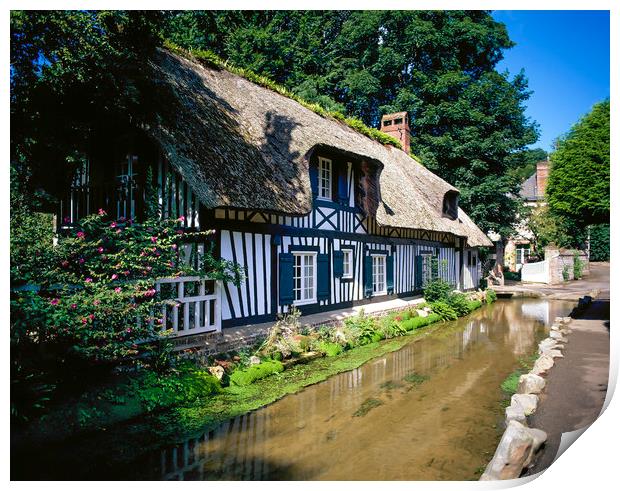   Half timber frame house with stream Normandy Fra Print by Philip Enticknap