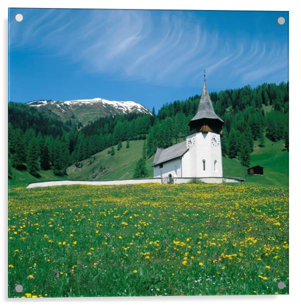 STAVE CHURCH ,DAVOS, SWITZERLAND  Acrylic by Philip Enticknap