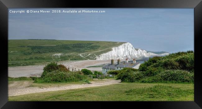 The Seven Sisters and Coastguard Cottages at Cuckm Framed Print by Diana Mower