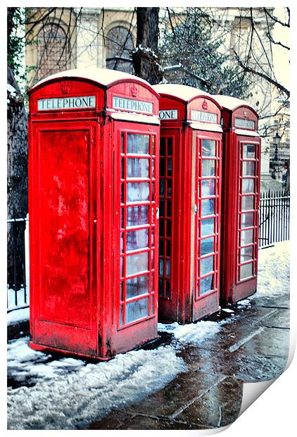 Three Red Telephone Boxes Print by Karen Martin