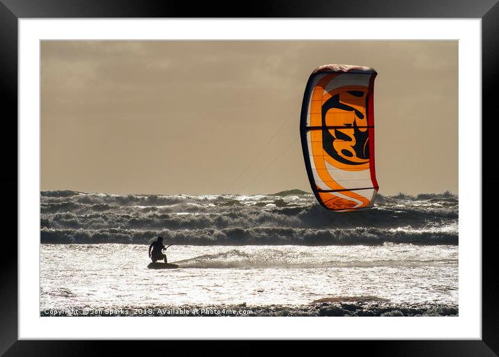 Kite-surfing, Muriwai Beach Framed Mounted Print by Jon Sparks