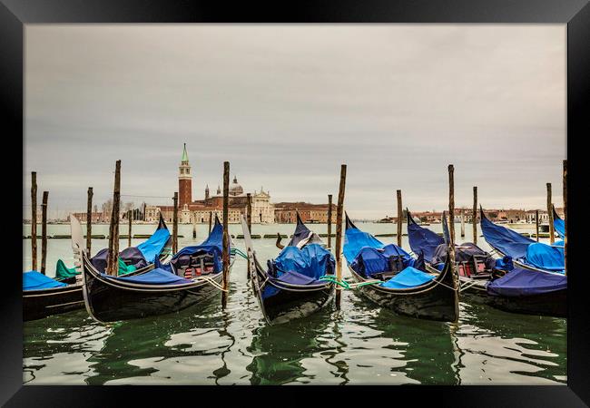 Gondola in front of The Church of San Giorgio Magg Framed Print by Ray Hill