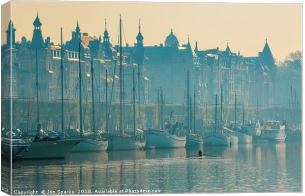 Early morning sculler, Stockholm Canvas Print by Jon Sparks