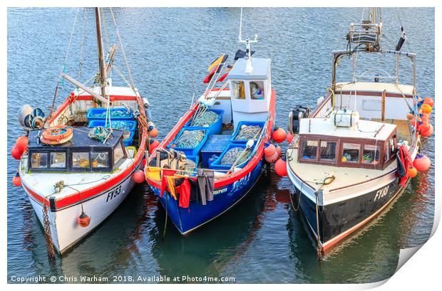Fishing boats moored in Mevagissey harbour in Corn Print by Chris Warham