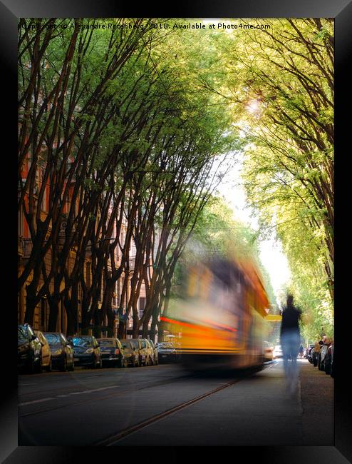 Moving tram on tree-lined path  Framed Print by Alexandre Rotenberg