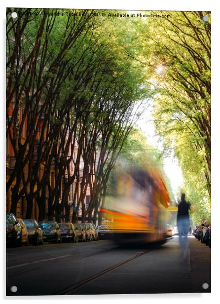 Moving tram on tree-lined path  Acrylic by Alexandre Rotenberg