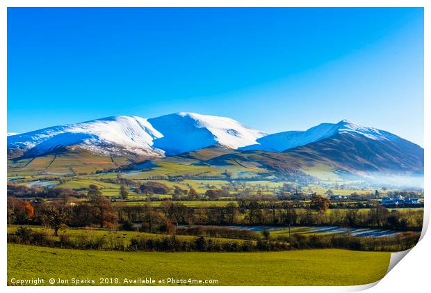 Snow on Skiddaw and Ullock Pike Print by Jon Sparks
