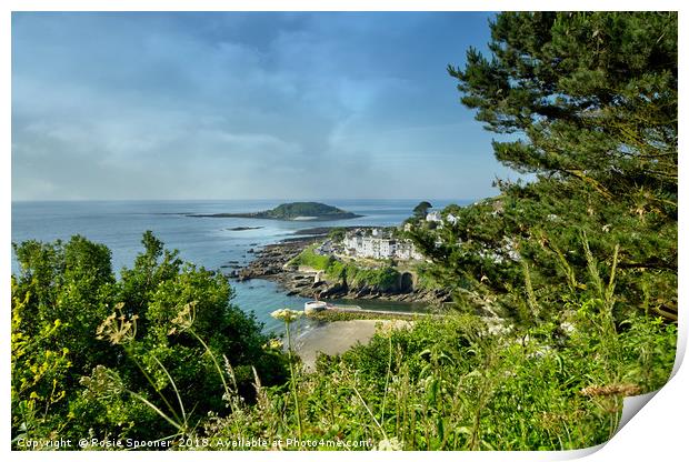 View of The Looe island and The Banjo Pier  Print by Rosie Spooner