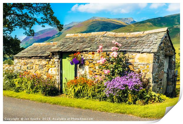 Flowers and stone hut with Blencathra behind Print by Jon Sparks