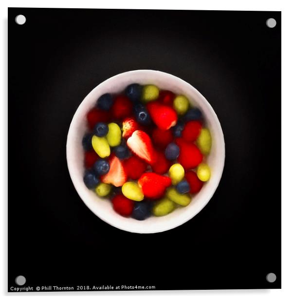 Still life of a bowl of fresh fruit salad. Acrylic by Phill Thornton