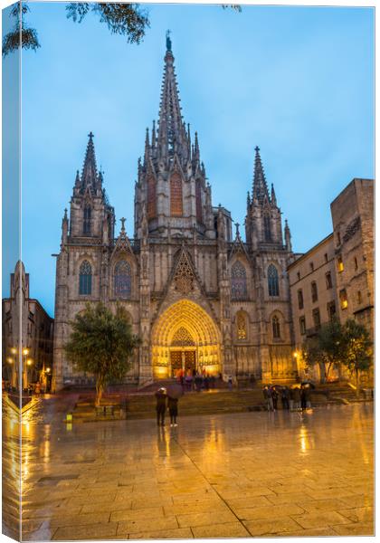 Barcelona Cathedral at night and in the rain Canvas Print by Andrew Michael