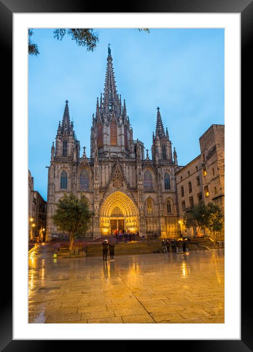 Barcelona Cathedral at night and in the rain Framed Mounted Print by Andrew Michael