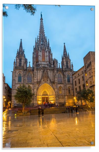 Barcelona Cathedral at night and in the rain Acrylic by Andrew Michael